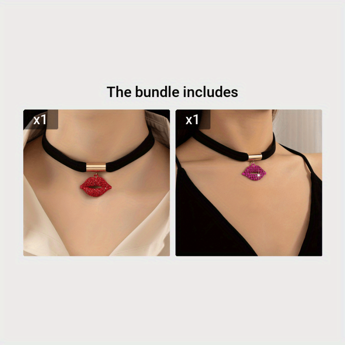 A Stunning Full-Rhinestone Lip Pendant, a Unique Rose-red and Black Necklace Choker in European and American Style