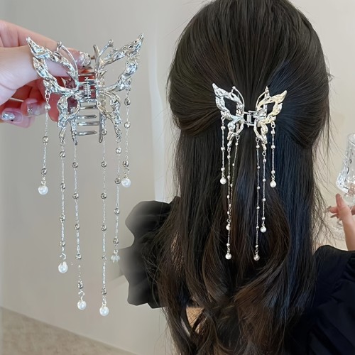 🦋 Elegant Hollow Imitation Pearl Butterfly Tassel Hair Clip Chain Beads Fairy Temperament Half Tie Hair Accessories