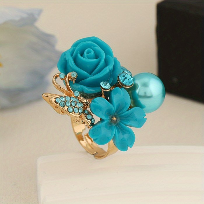 🌹 Rhinestone Rose Flower Open Ring Alloy Material Multi Colors Fashion Women Daily Jewelry Gift