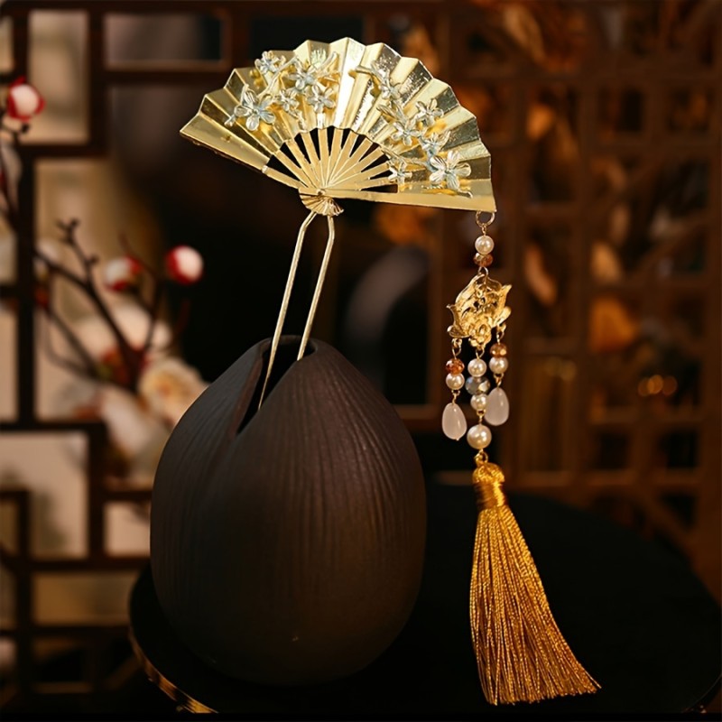🏮 Chinese Fan Shape Hairpin Imitation Pearl Dragon Phoenix Design Vintage Hair Accessory For Hanfu Qipao