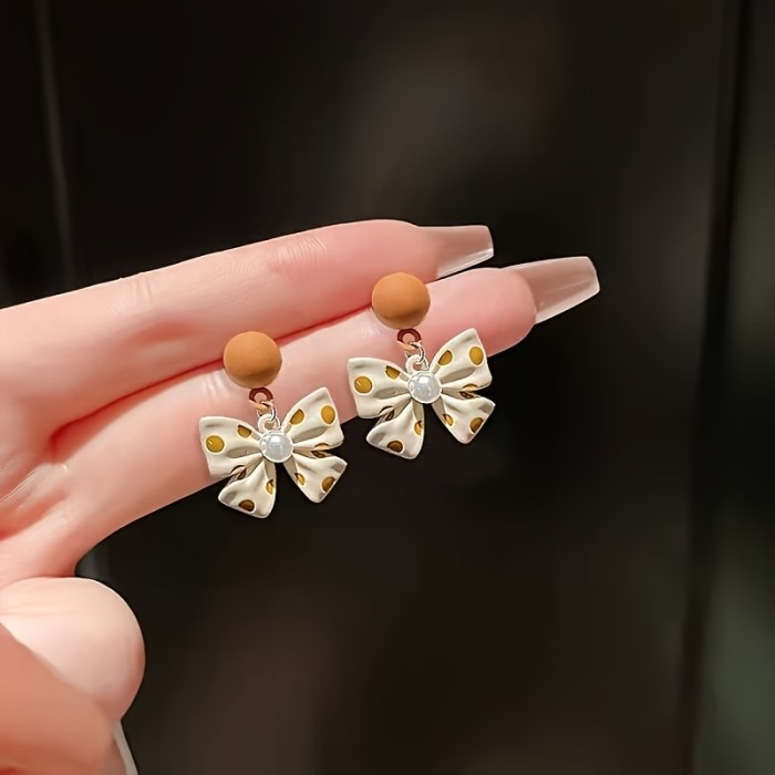 🫧 Polka Dot Faux Pearl Bow Earrings For Daily Party Wear