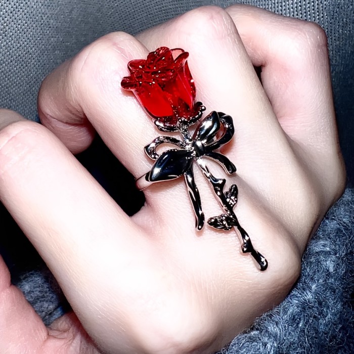 🌹 Adjustable Thorn Rose Ring Red Rose Copper Stem Bow Design Gorgeous Romantic Fashion Jewelry