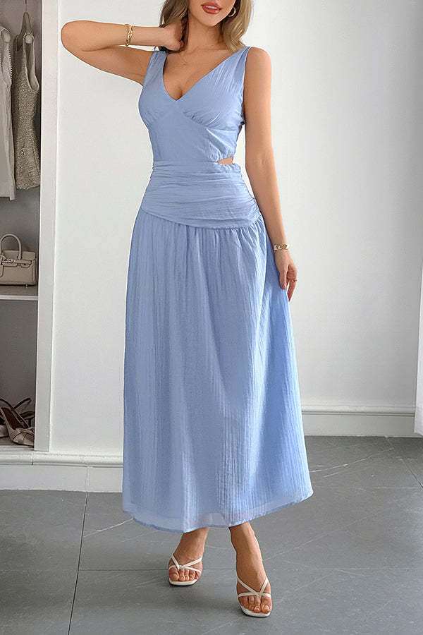 Solid Color V-neck Sleeveless Waist Hollow Out Maxi Dress
