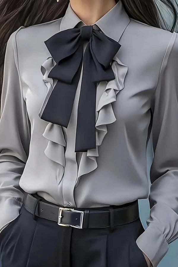 Fashion Ruffled Bow Tie Casual Long-sleeved Shirt