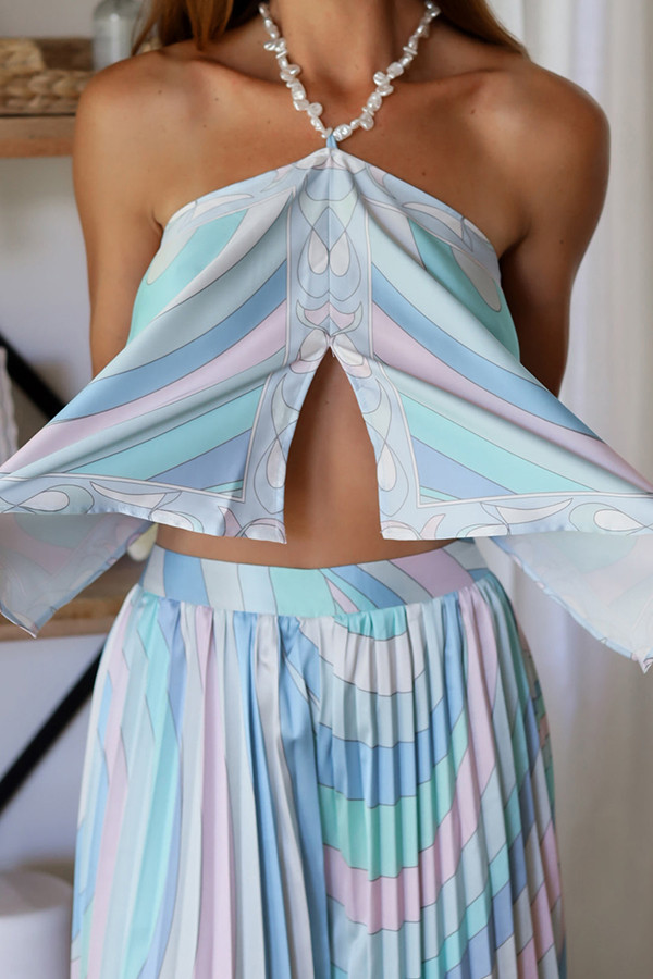 Luna Unique Print Pearls Halter Irregular Tank and Pleated High Rise Wide Leg Pants Set
