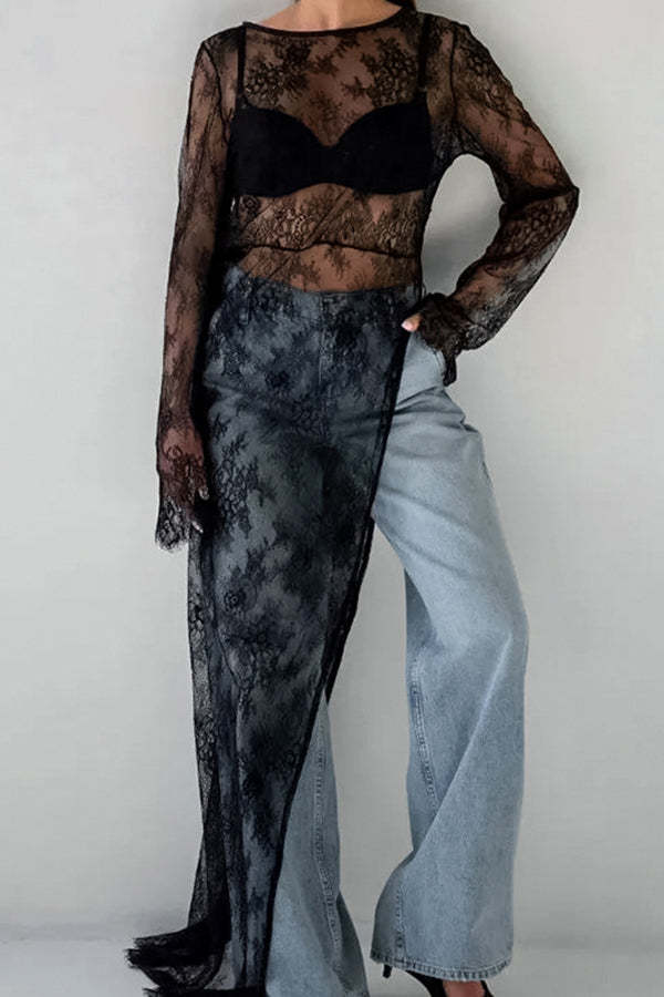 Sexy Openwork Lace Long-sleeved Asymmetrical Casual Top