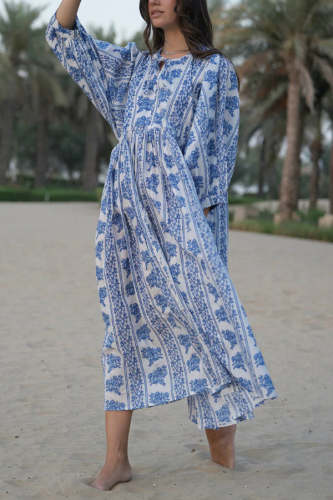Botanical Print Loose-fitting Tie Casual Vacation Maxi Dress