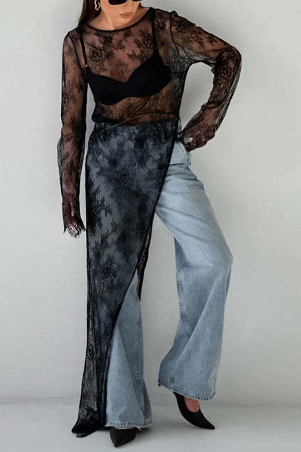 Sexy Openwork Lace Long-sleeved Asymmetrical Casual Top
