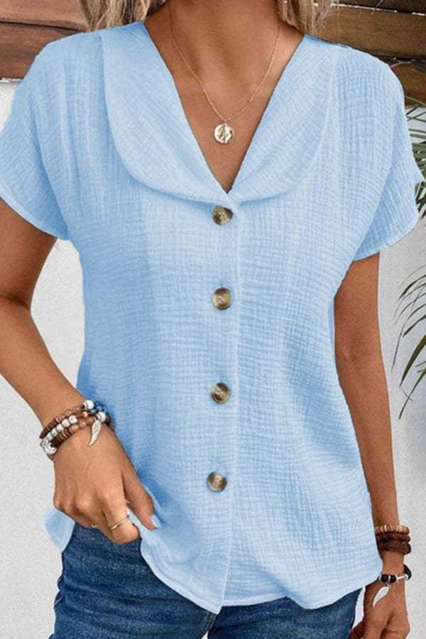 Solid Color Lapel Short Sleeve Casual Button Top