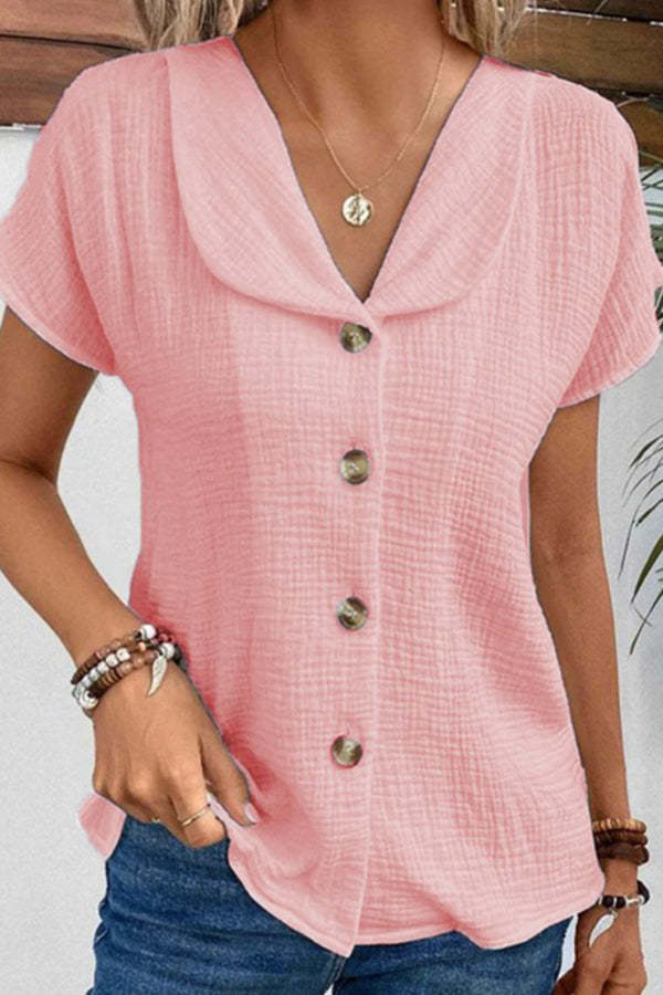 Solid Color Lapel Short Sleeve Casual Button Top