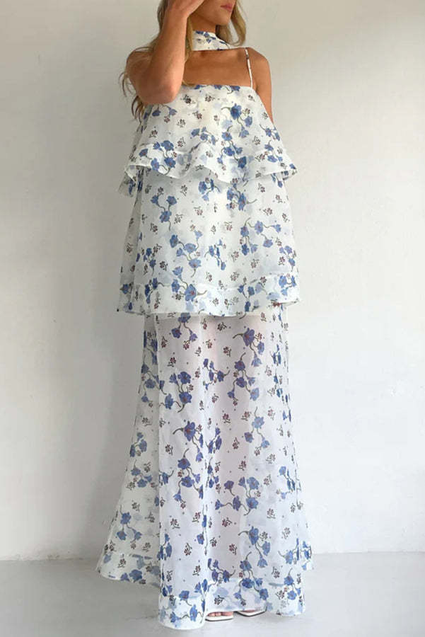 Ameile Organza Floral Print Tiered Slip Square Neck Scarf A-line Maxi Dress