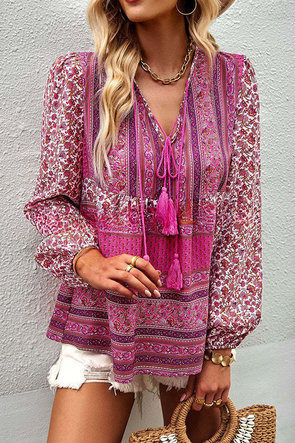 Romantic Season Boho Print Tassel Long Sleeve Shirt
