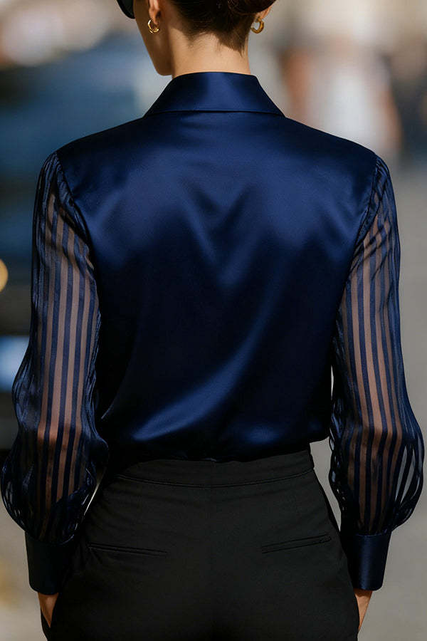 Solid Color Satin Loose-fitting See-through Long-sleeved Casual Shirt