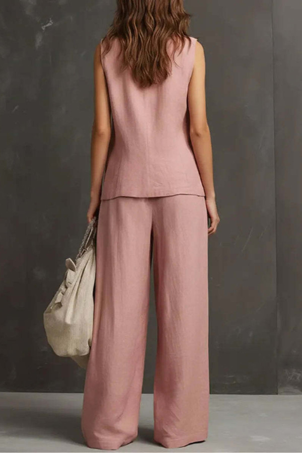Linen Blend V-neck Sleeveless Button-down Vest and Casual Elastic Wst Pocket Wide-leg Pants Set