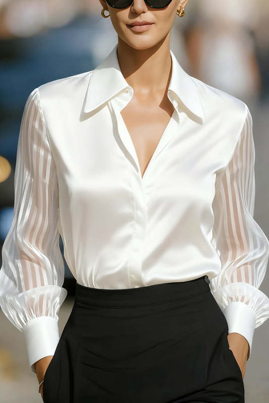 Solid Color Satin Loose-fitting See-through Long-sleeved Casual Shirt