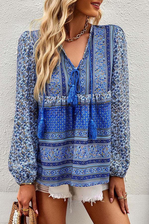 Romantic Season Boho Print Tassel Long Sleeve Shirt