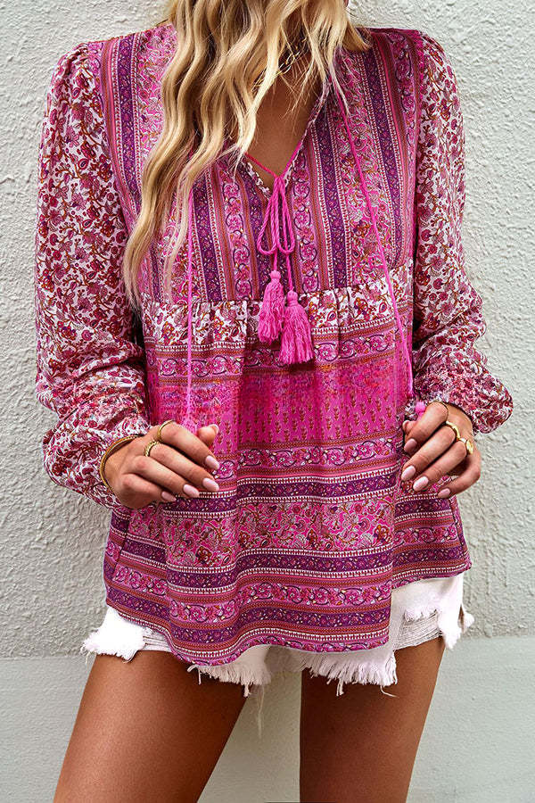 Romantic Season Boho Print Tassel Long Sleeve Shirt