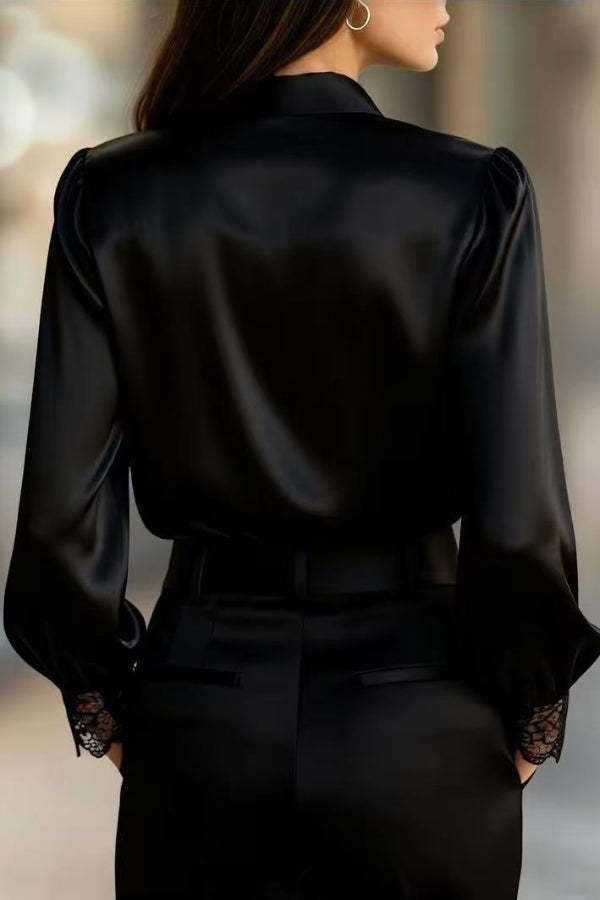 Solid Color Satin Patchwork Lace Casual Long-sleeved Button-down Shirt