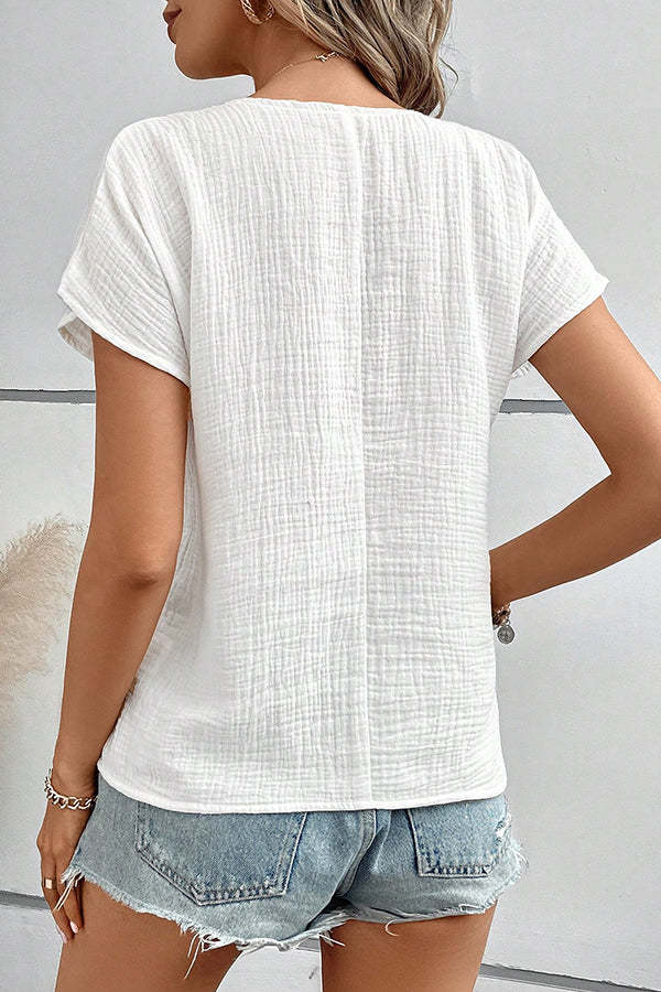 Solid Color Lapel Short Sleeve Casual Button Top
