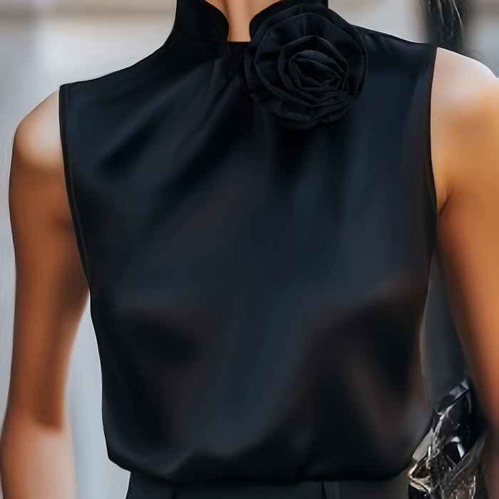 Solid Color Three-Dimensional Flower Elegant Sleeveless Shirt, Fashionable And Elegant Sleeveless Top