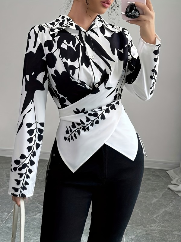 Women's Floral Print Shirt, Waist-Cinched Long Sleeve Elegant Blouse Suitable for Commuting