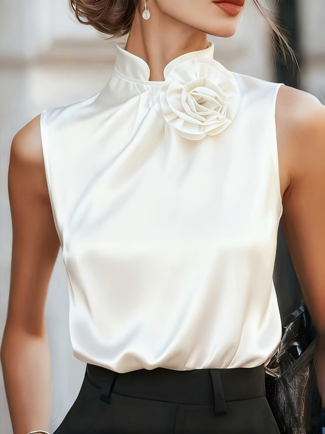 Solid Color Three-Dimensional Flower Elegant Sleeveless Shirt, Fashionable And Elegant Sleeveless Top