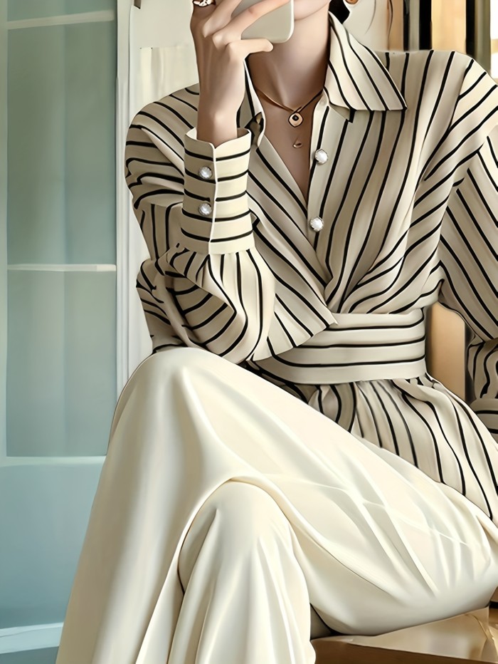 New Early Autumn High-End Unique and Distinctive Women's Stylish Age-Reducing Black Waist-Cinching Striped Shirt