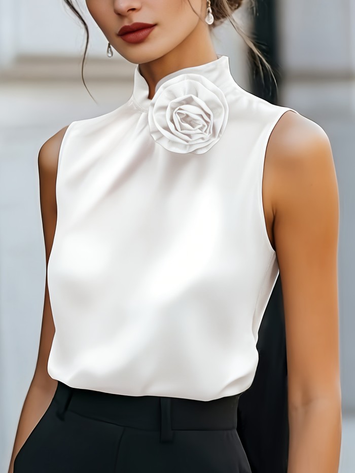 Solid Color Three-Dimensional Flower Elegant Sleeveless Shirt, Fashionable And Elegant Sleeveless Top