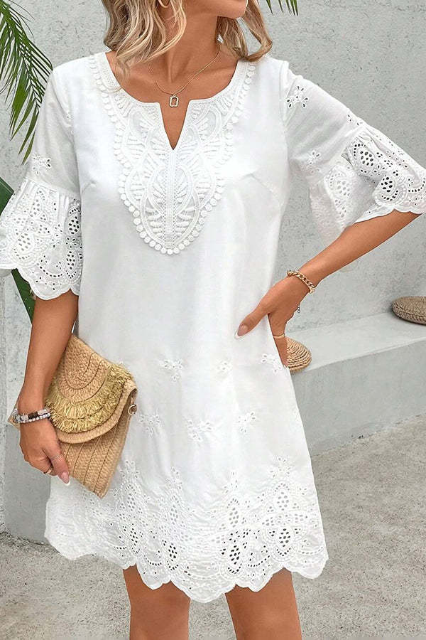 Solid Color Hollow Embroidery Casual Lace V-Neck Mini Dress