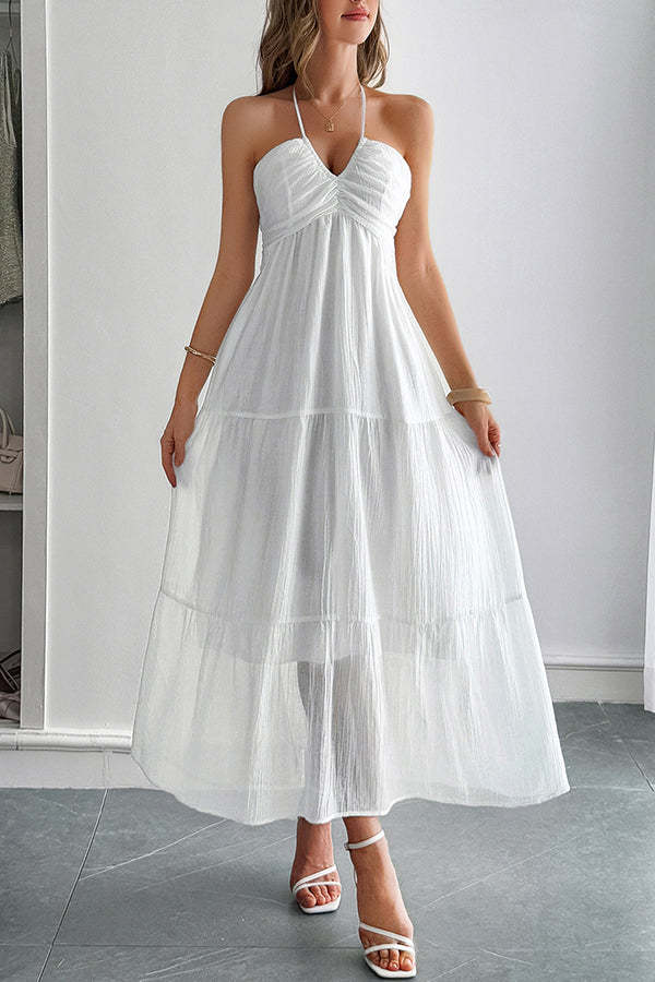 Solid Color Halterneck Tie Casual Holiday Style Maxi Dress