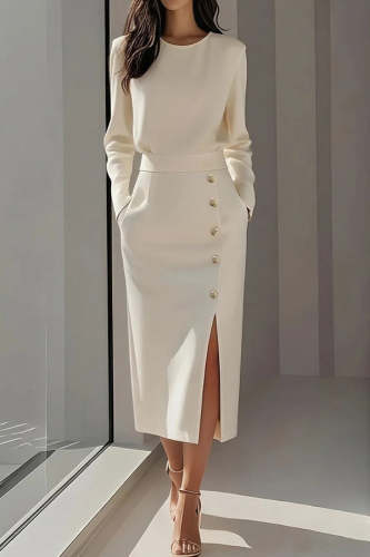 Solid Color Long Sleeves Pocket Button Decorated Slit Midi Dress