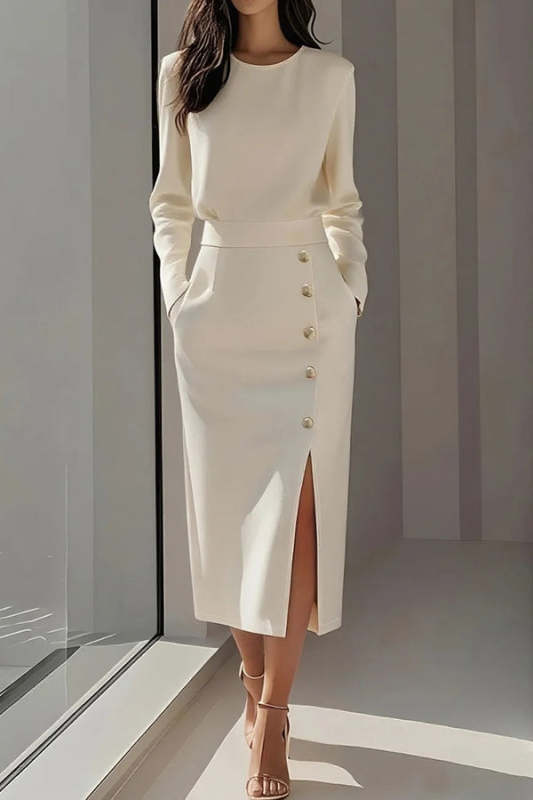 Solid Color Long Sleeves Pocket Button Decorated Slit Midi Dress