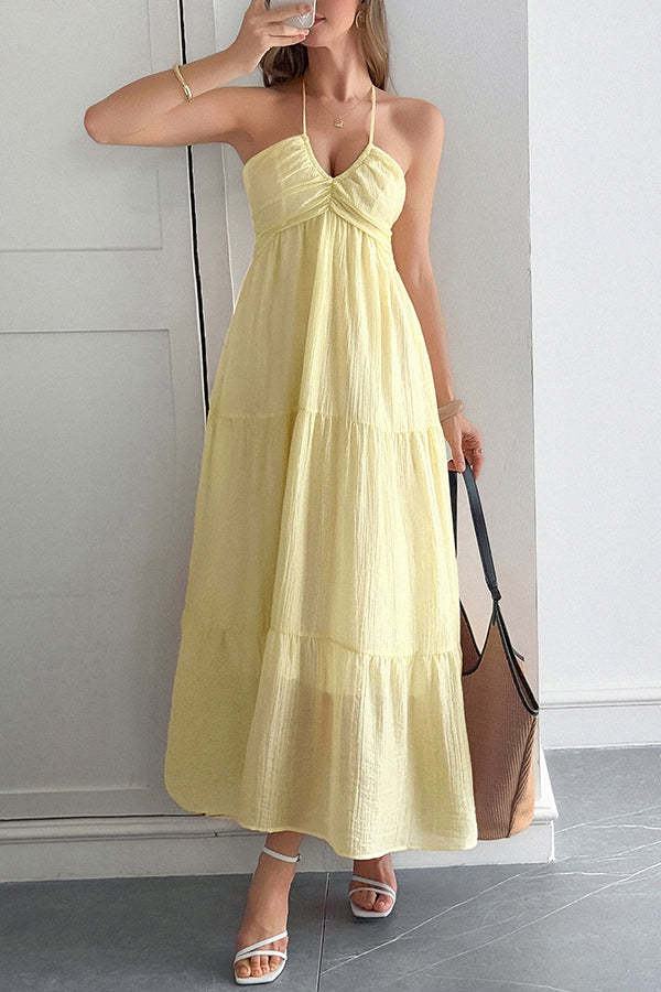 Solid Color Halterneck Tie Casual Holiday Style Maxi Dress