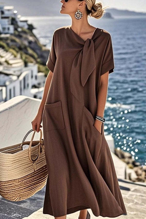 Solid Color Casual Short-sleeved Tie Round Neck Loose Pocket Mid-length Dress