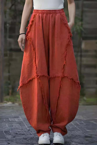 Retro Elastic Waist Stitching Raw Edge Loose Pocket Harem Pants