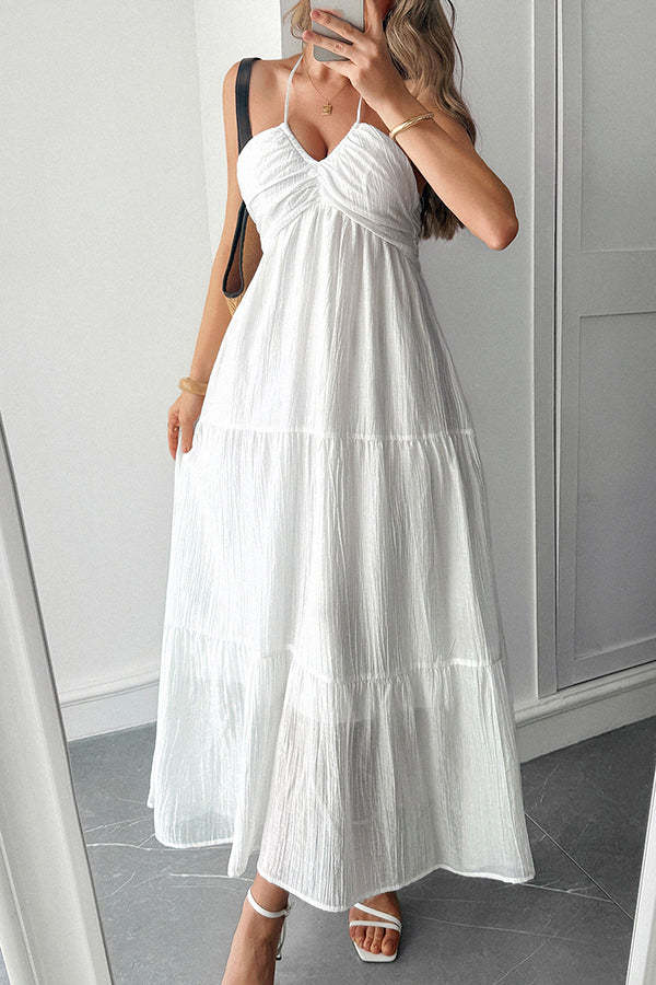 Solid Color Halterneck Tie Casual Holiday Style Maxi Dress