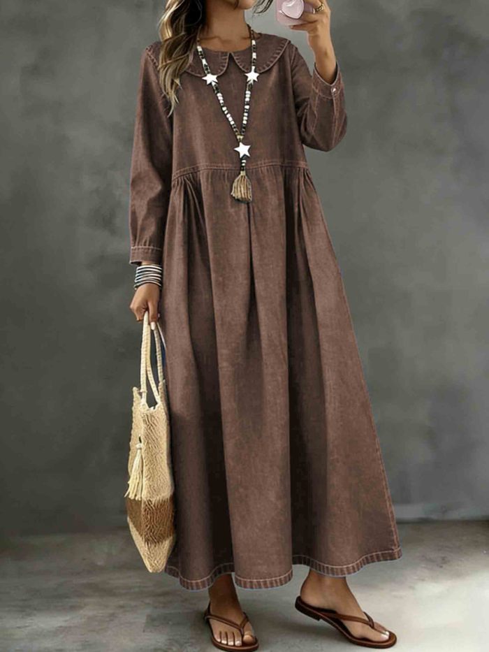 Long Sleeved Lotus leaf collar  Loose Denim Dress