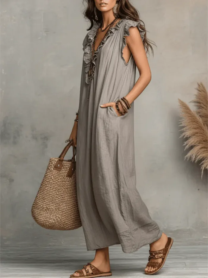 Women's Solid Color Ruffled Art Casual Fashion Cozy Cotton Linen Dress