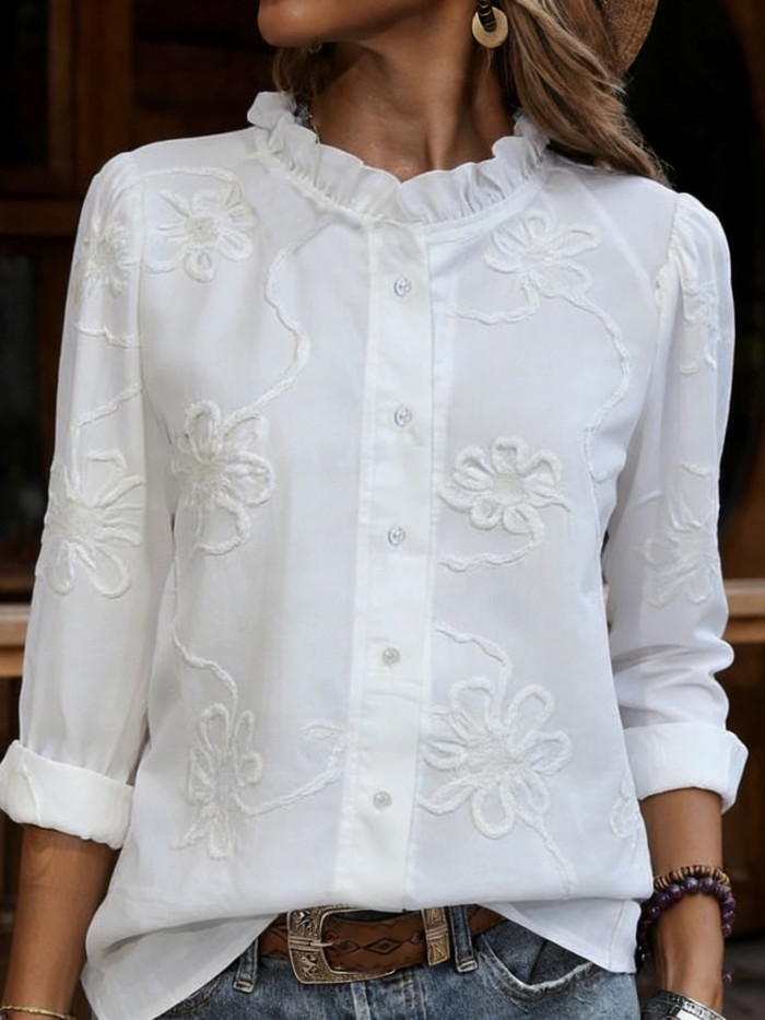 Elegant Embroidered Floral Ruffles Collar Cotton Shirt