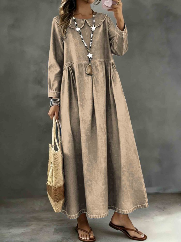 Long Sleeved Lotus leaf collar  Loose Denim Dress