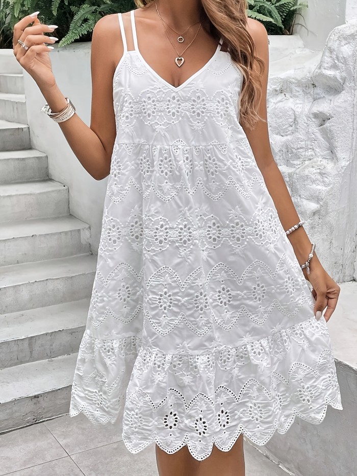 Summer Hollow Embroidery V-Neck Camisole Casual Vacation Dress