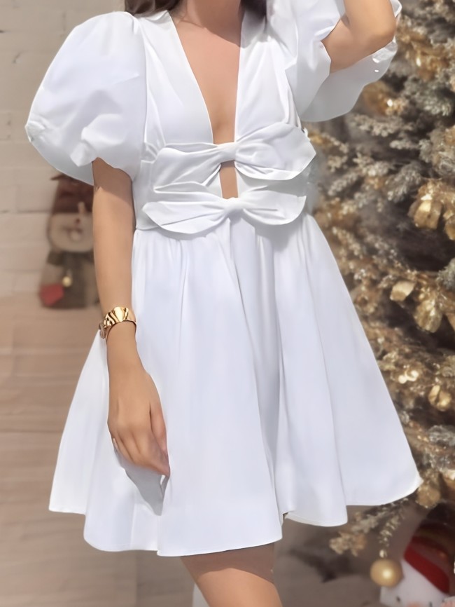 ✨V-Neck Puff Sleeve Bow Flare Dress 🎀