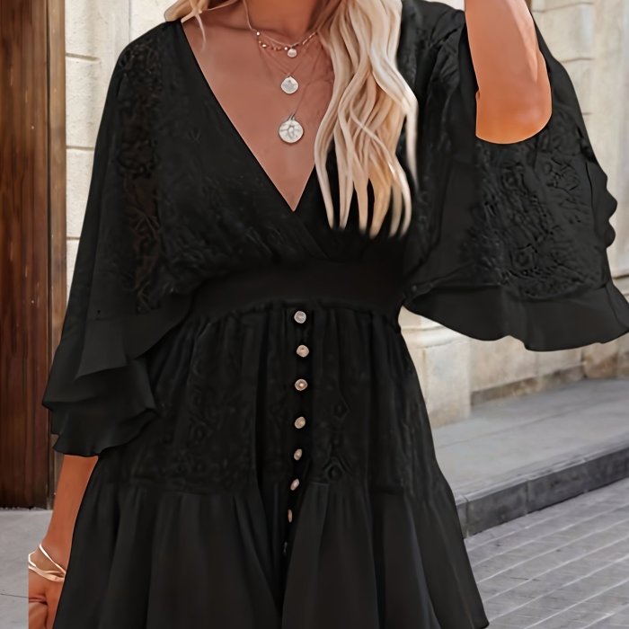 Targeted Elegant Lace Patchwork Batwing Sleeve V-Neck Dress