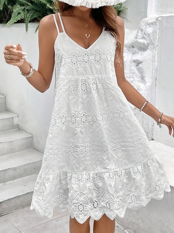 Summer Hollow Embroidery V-Neck Camisole Casual Vacation Dress