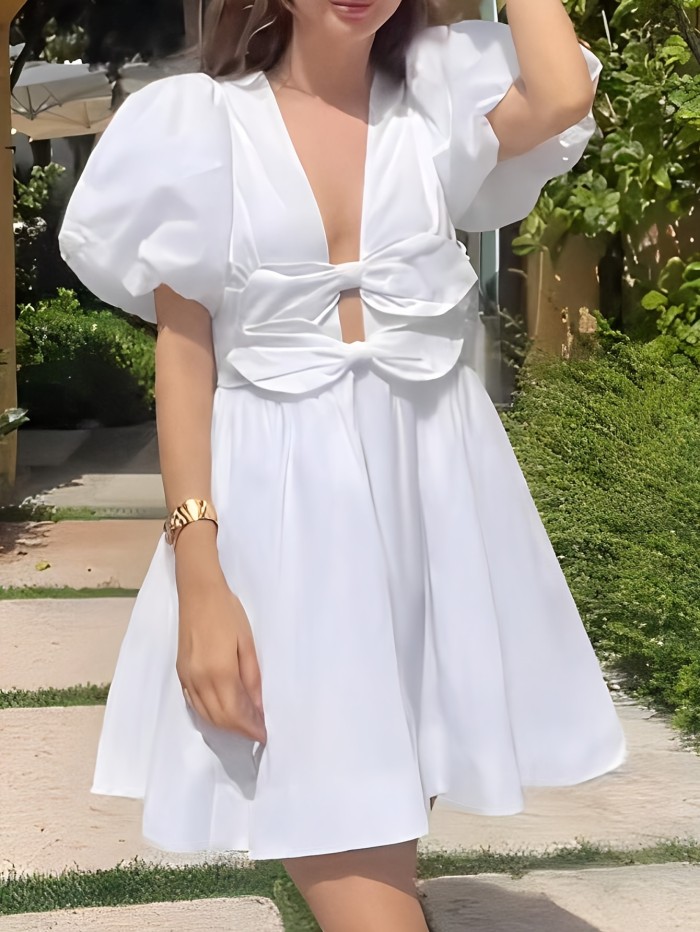 ✨V-Neck Puff Sleeve Bow Flare Dress 🎀