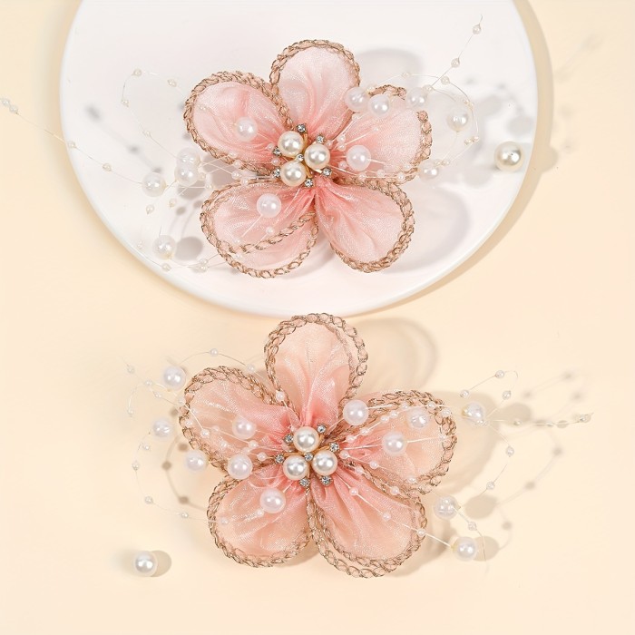 2pcs Charming Floral Hairpins for Women Beige White Mesh Hair Clips Boutique Barrettes with Faux Pearl Chains Boutique Hair Additions for Weddings Formal Events