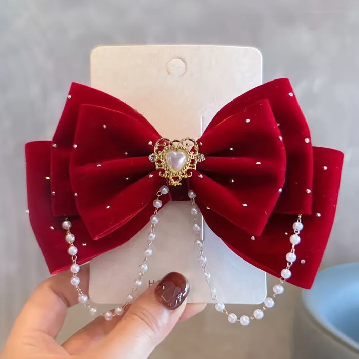 1pc New French-Style Vintage Wine Red Velvet Bow Imitation Pearl Pendant 3D Hair Clip, Women's Hair Accessory for Daily Use and Christmas New Year Holiday Styling
