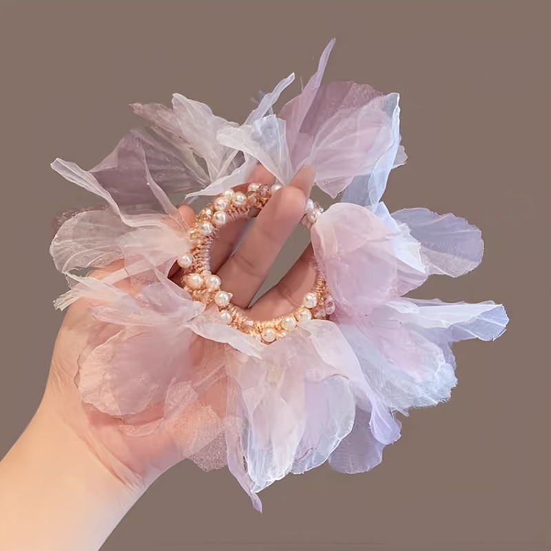 New 1pc Women'S Elegant Temperament Light Pink Champagne High Elastic Head Rope Tulle Flower Hair Circle Ponytail Hair Tie Dating Dinner Hairdressing Decoration