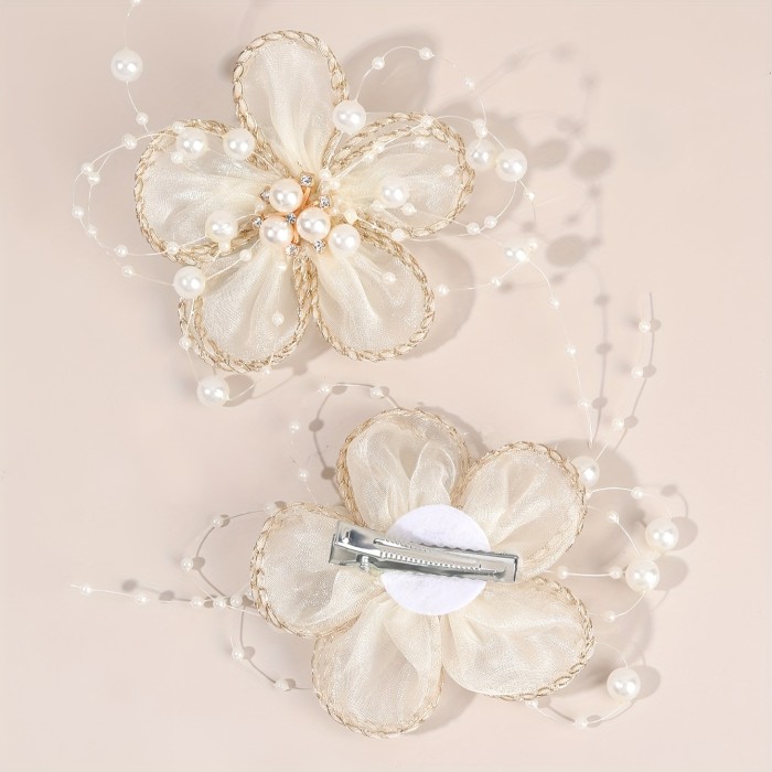 2pcs Charming Floral Hairpins for Women Beige White Mesh Hair Clips Boutique Barrettes with Faux Pearl Chains Boutique Hair Additions for Weddings Formal Events