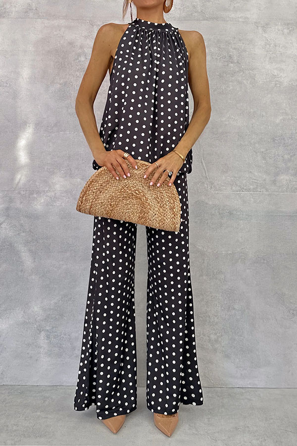 Imanie Polka Dot Print Back Tie-up Tank and Elastic Waist Wide Leg Pants Set